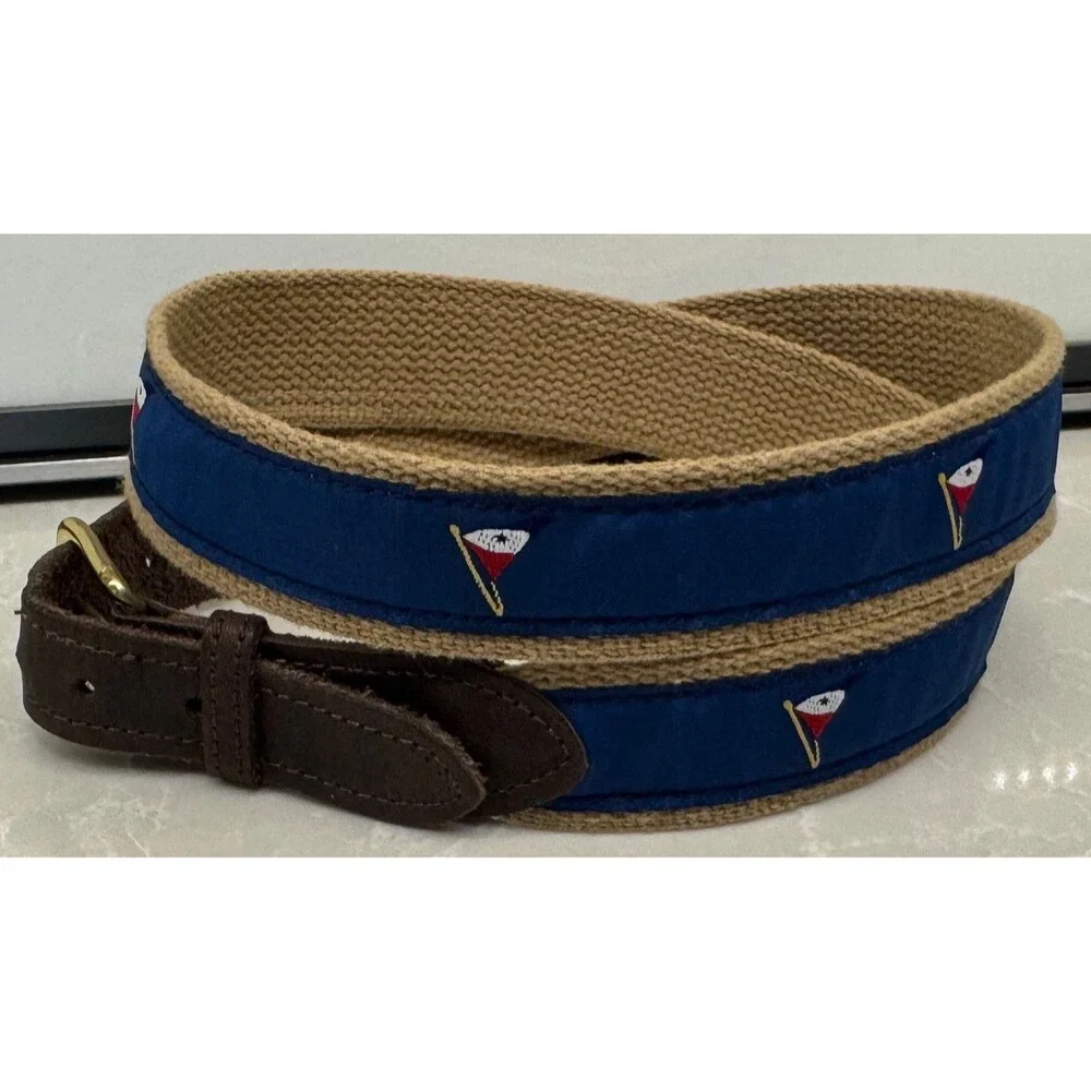 Yacht Club Flag - Canvas Leather Belt - Men's Size 36 - VINTAGE - Blue